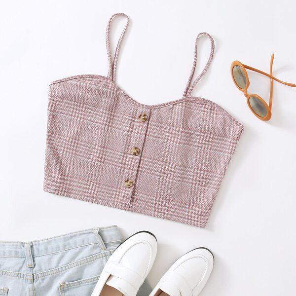 

Plus Plaid Button Front Crop Cami Top, Dusty pink