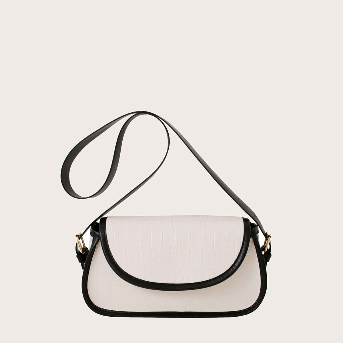 

Croc Embossed Contrast Binding Crossbody Bag, Beige