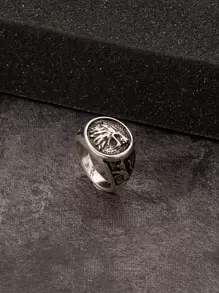 時尚流行男士復古雕刻戒指合金，適合珠寶禮物和時尚外觀 - 復古銀色 - 查看 3