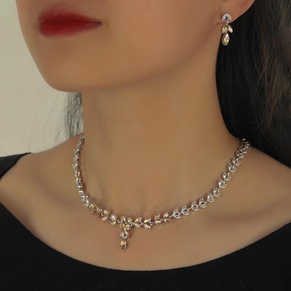 

Rhinestone Decor Necklace & Earrings, Silver