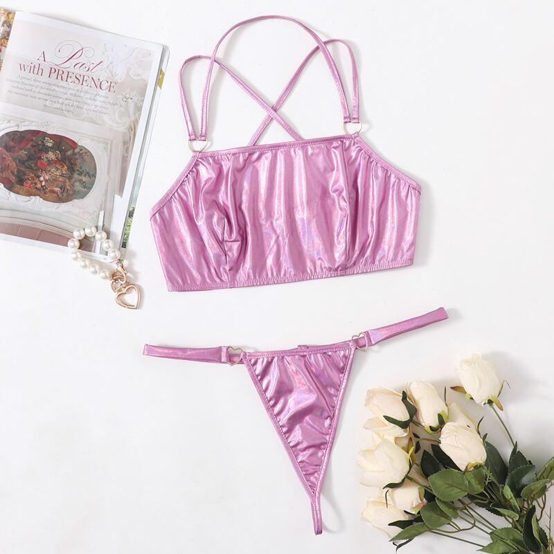 

Faux Leather Heart Ring Linked Lingerie Set, Purple