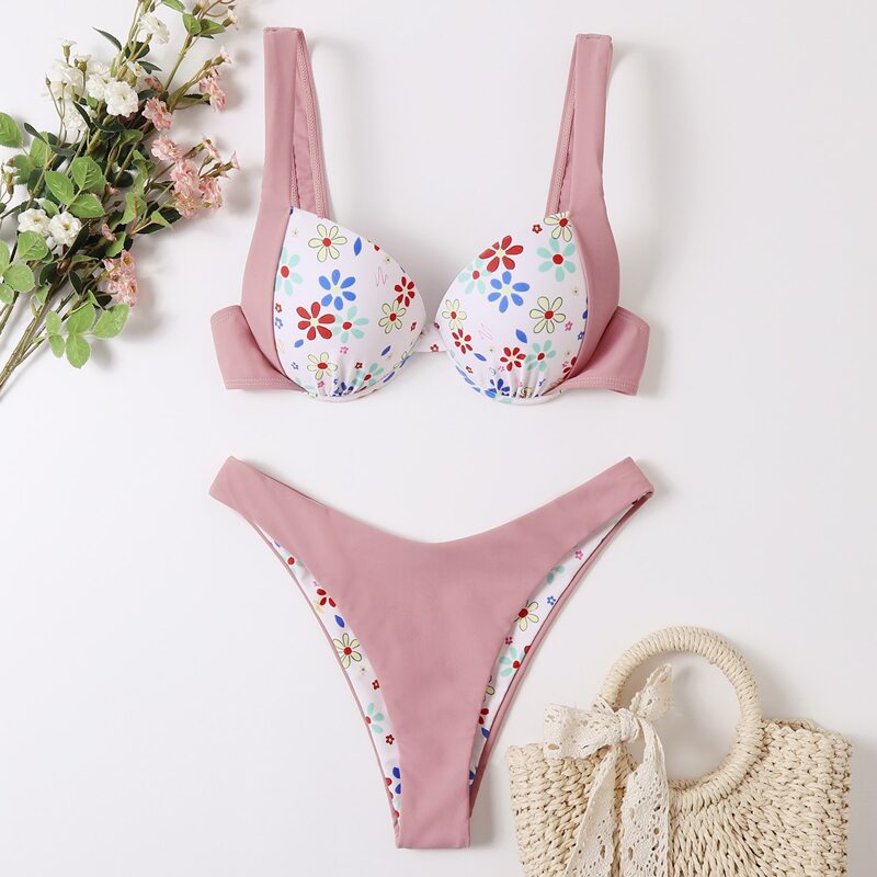 

Floral Underwire High Leg Bikini Swimsuit, Multicolor