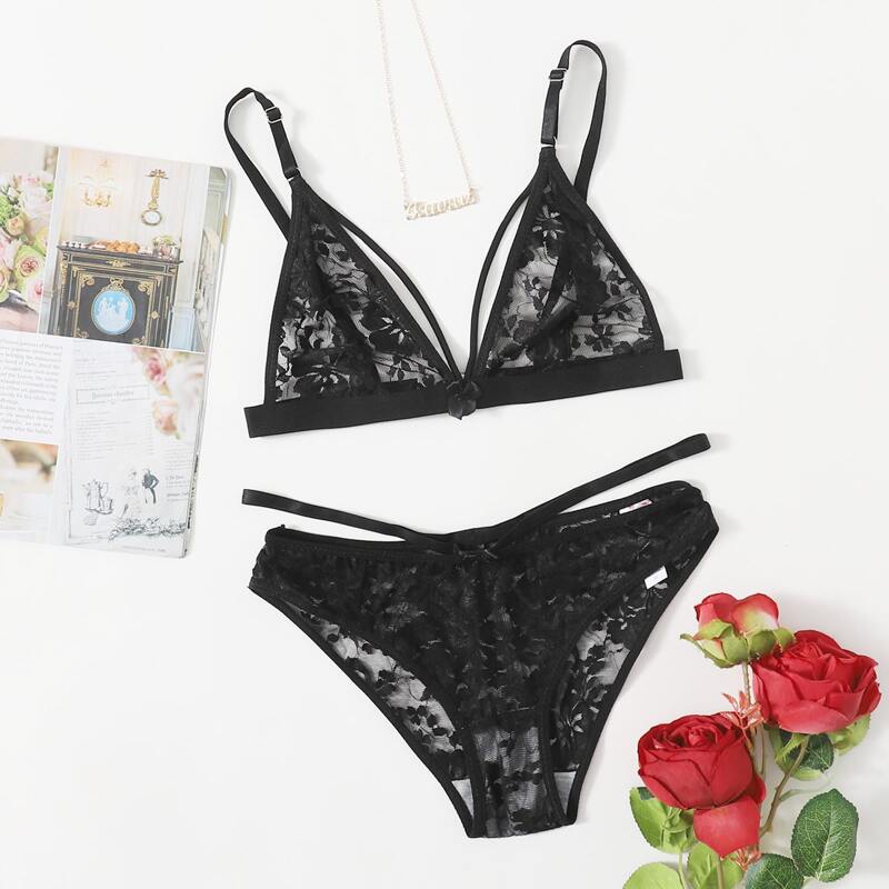 

Lace Floral Cut-out Lingerie Set, Black