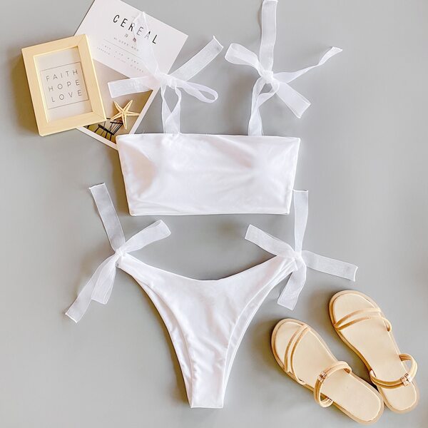 

Tie Shoulder Tie Side Bikini Swimsuit, White