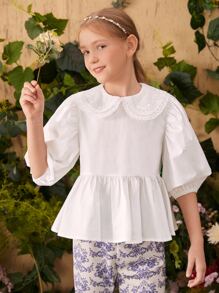 SHEIN Girls Peter Pan Collar Puff Sleeve Peplum Top - White - View 3