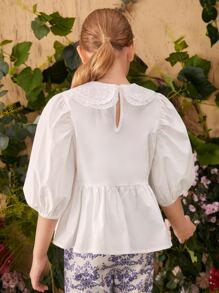 SHEIN Girls Peter Pan Collar Puff Sleeve Peplum Top - White - View 2