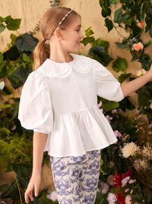 SHEIN Girls Peter Pan Collar Puff Sleeve Peplum Top - White - View 4