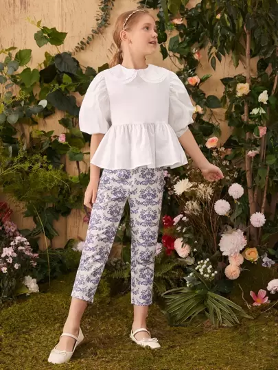 SHEIN Girls Peter Pan Collar Puff Sleeve Peplum Top