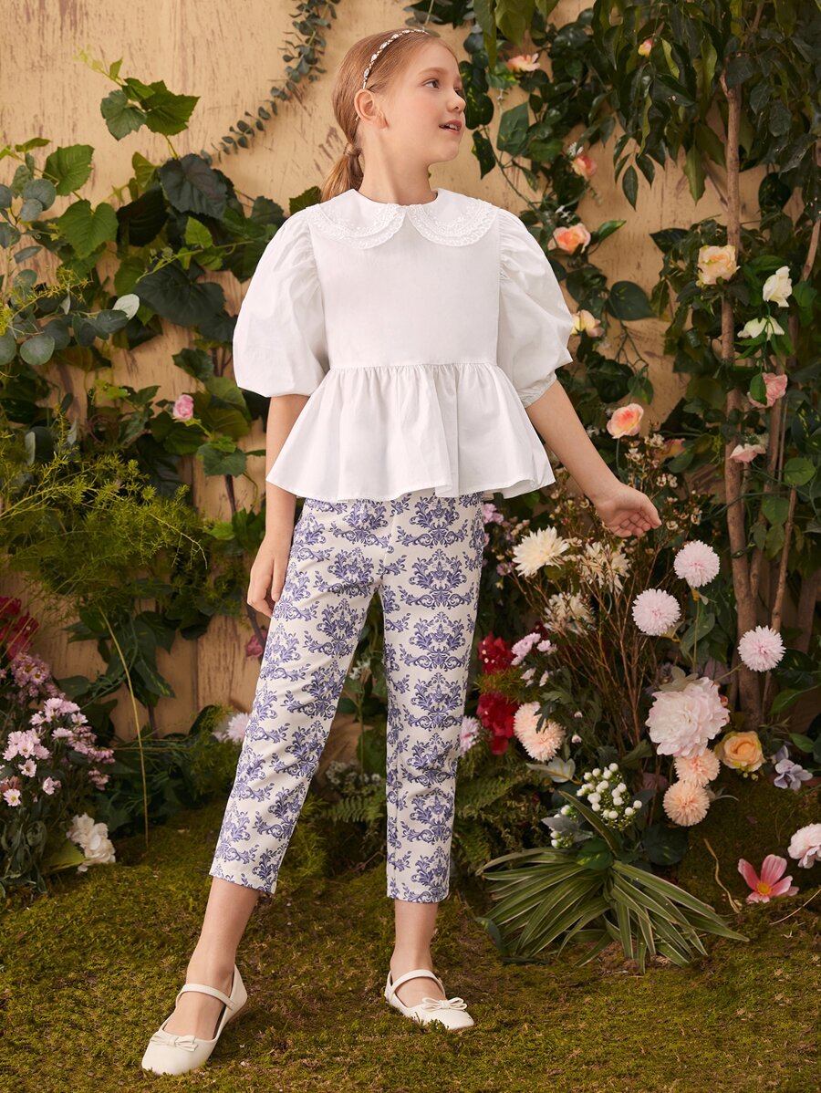 SHEIN Girls Peter Pan Collar Puff Sleeve Peplum Top - White - View 1