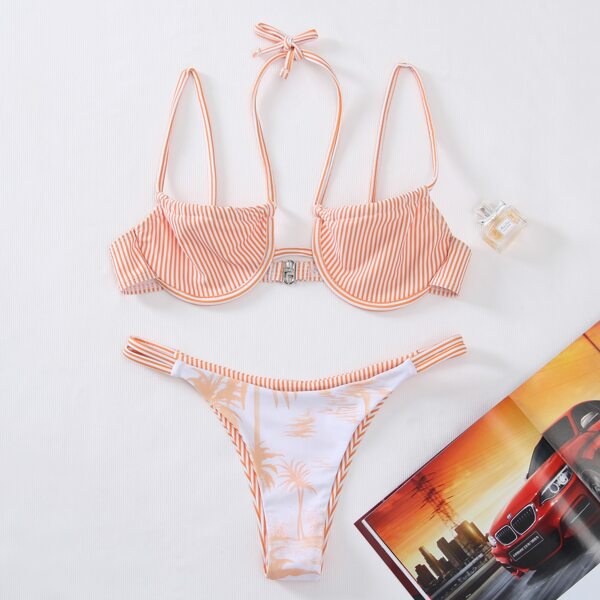 

Striped & Palm Tree Print Underwire Bikini Swimsuit, Coral orange