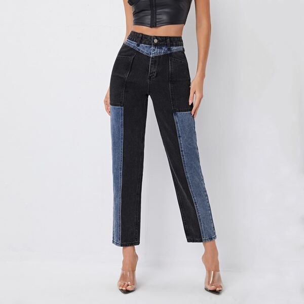 

High Waist Slant Pocket Colorblock Jeans, Multicolor