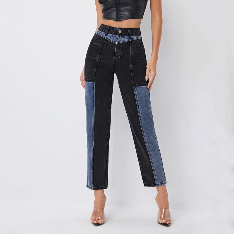 

High Waist Slant Pocket Colorblock Jeans, Multicolor