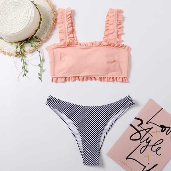 

Plus Striped Frill Trim Bikini Swimsuit, Multicolor