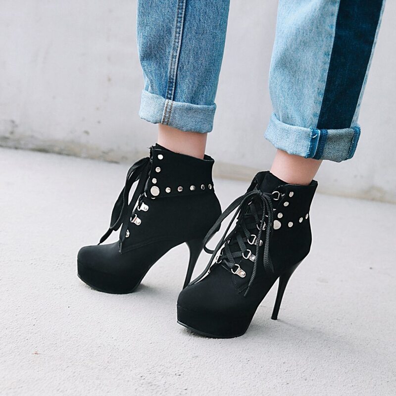 

Studded Decor Stiletto Lace Up Ankle Boots, Black