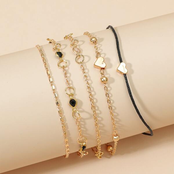 

5pcs Girls Heart Decor Anklet, Gold