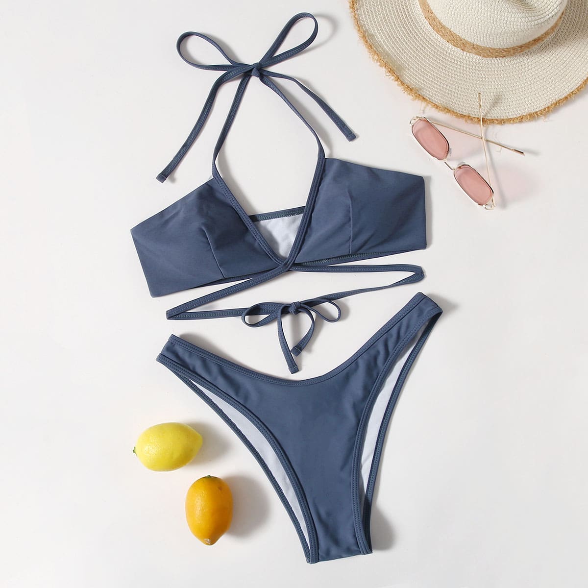 

Solid Halter High Leg Bikini Swimsuit, Dusty blue