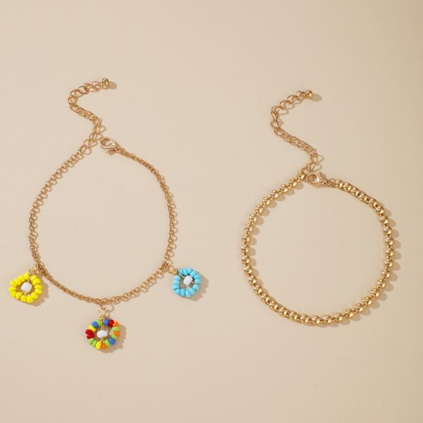 

2pcs Girls Beaded Round Charm Anklet, Multicolor