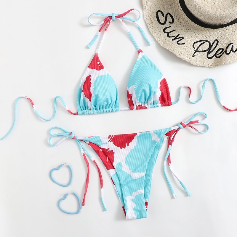 

Allover Print Triangle Tie Side Bikini Swimsuit, Multicolor