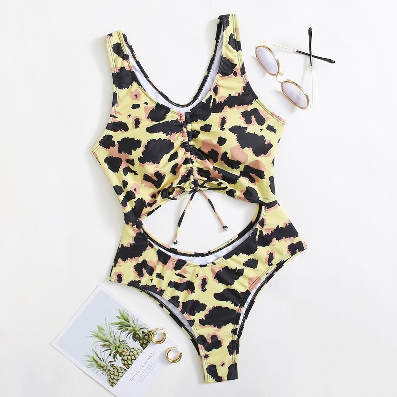 

Leopard Drawstring Front One Piece Swimsuit, Multicolor