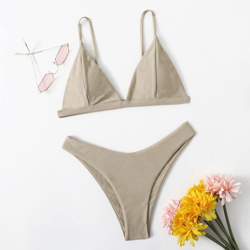 

Triangle High Leg Bikini Swimsuit, Beige