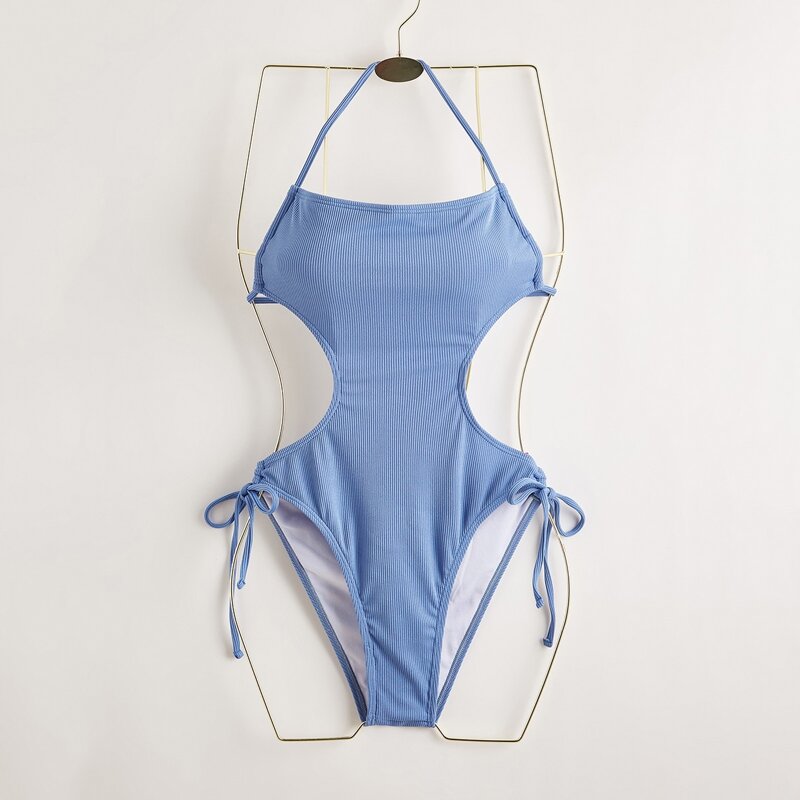 

Drawstring Side Halter One Piece Swimsuit, Blue