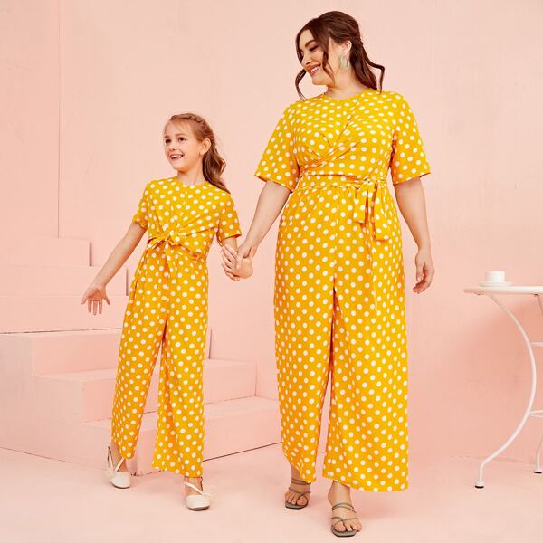 

Girls 1 PC Tie Front Polka Dot Jumpsuit, Yellow