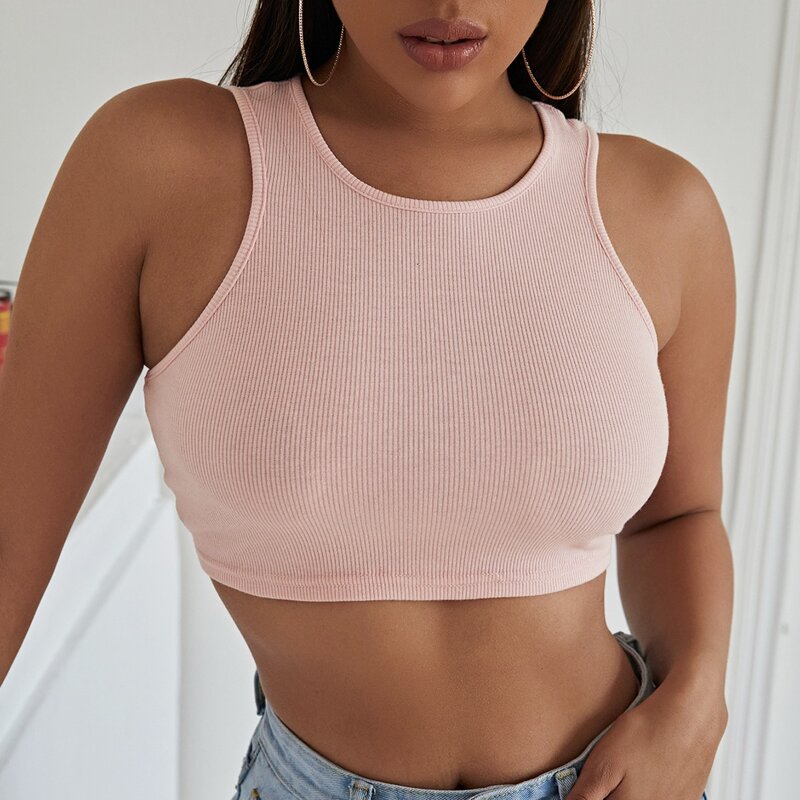 

Solid Rib Knit Crop Tank Top, Baby pink