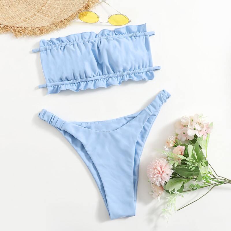 

Frill Trim High Leg Bikini Swimsuit, Baby blue