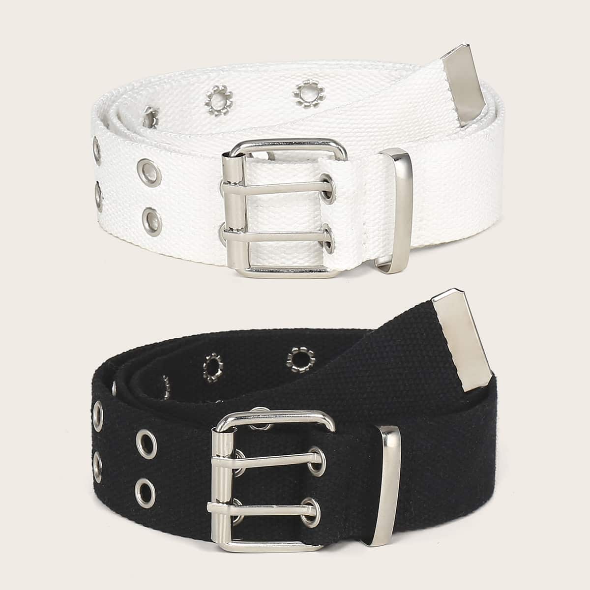 

2pcs Eyelet Decor Metal Buckle Belt, Black and white