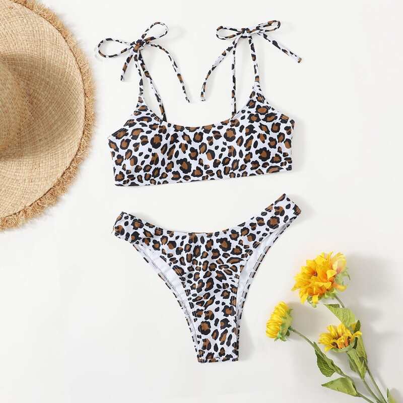 

Leopard Tie Shoulder Bikini Swimsuit, Multicolor