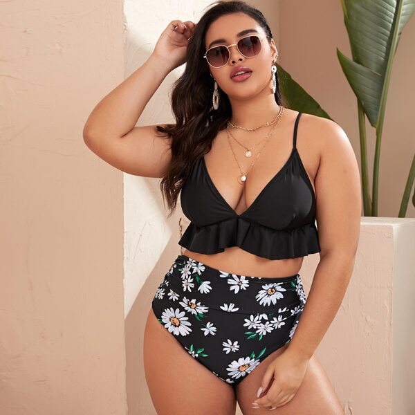 

Plus Floral Ruffle Hem Bikini Swimsuit, Black