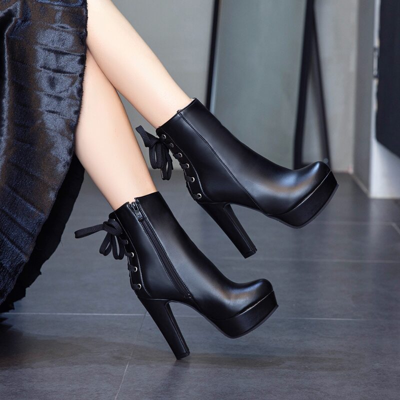 

Lace Up Back Platform Ankle Boots, Black