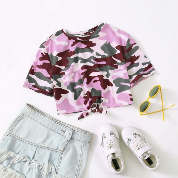 

Girls Knot Hem Camo Crop Tee, Multicolor