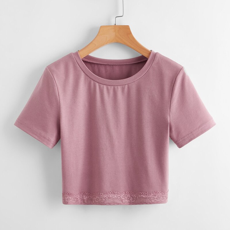 

Lace Insert Crop Tee, Rose red