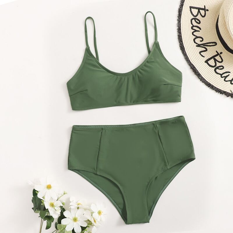 

Solid High Waist Bikini Swimsuit, Green