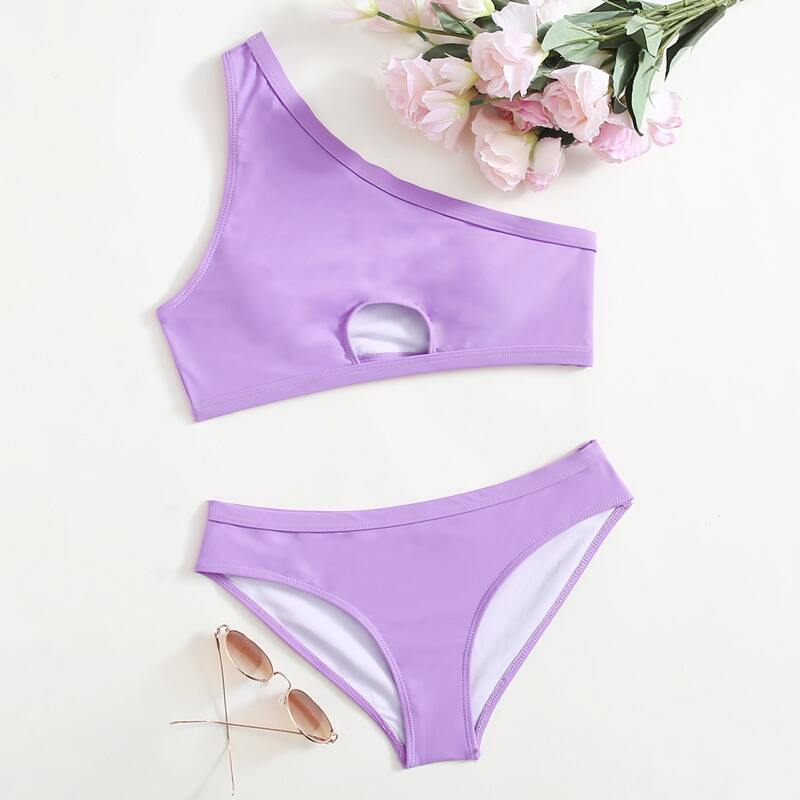 

One Shoulder Cut-out Bikini Swimsuit, Lilac purple