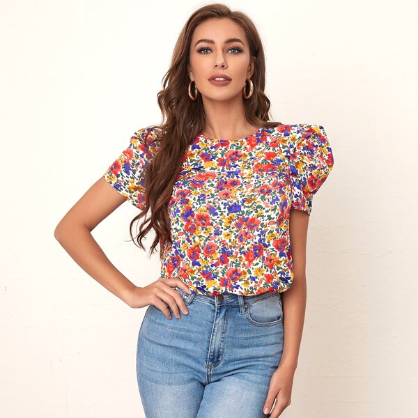 

Puff Sleeve Floral Top, Multicolor
