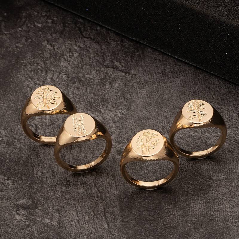 

4pcs Guys Plants Pattern Ring, Gold