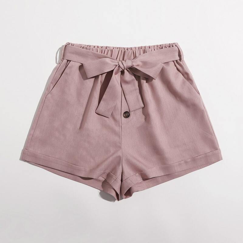 

Solid Belted Cuffed Shorts, Dusty pink