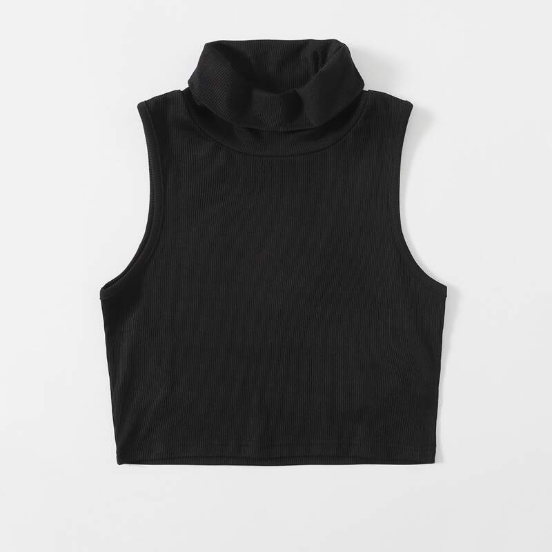 

Solid Turtle Neck Crop Tank Top, Black