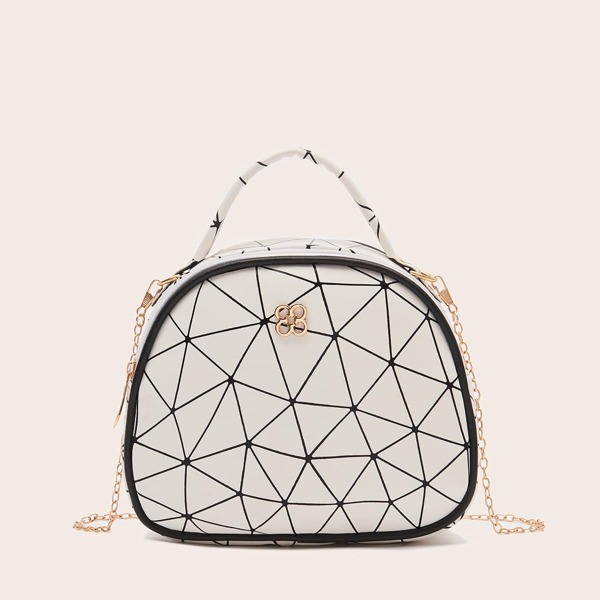 

Metal Lock Geometric Satchel Bag, White