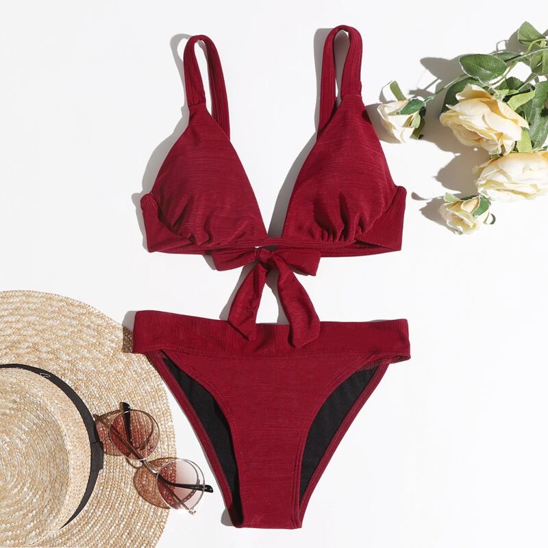 

Plain Knot Decor Bikini Swimsuit, Burgundy