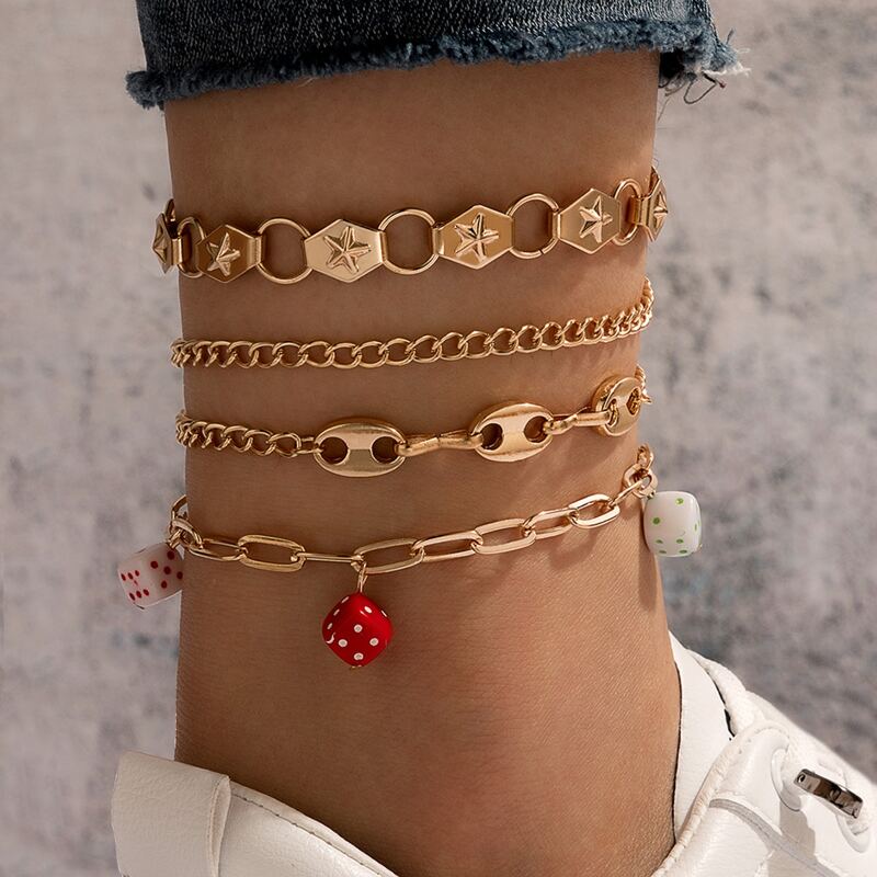

4pcs Dice & Star Chain Anklet, Gold