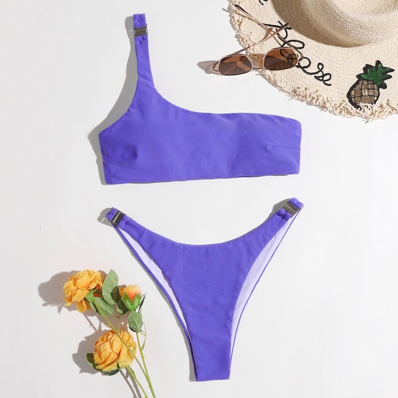 

One Shoulder High Leg Bikini Swimsuit, Purple