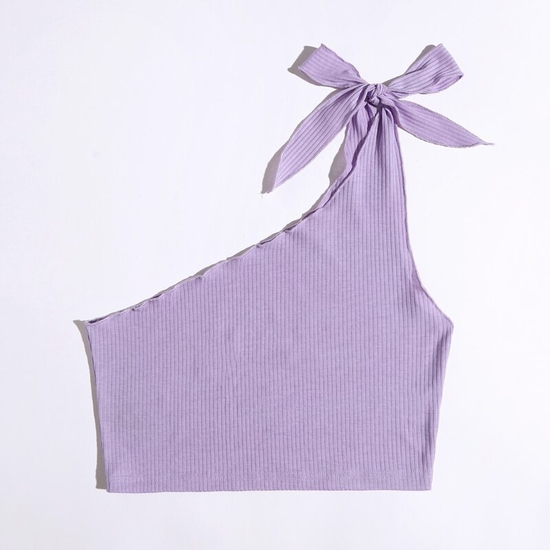 

Solid One Shoulder Ribbed Crop Top, Lilac purple