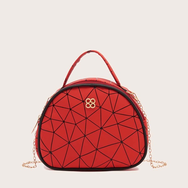 

Metal Lock Geometric Satchel Bag, Red