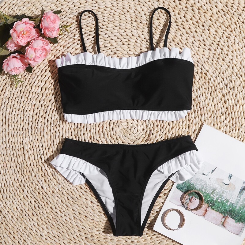 

Frill Trim Cami Bikini Swimsuit, Black