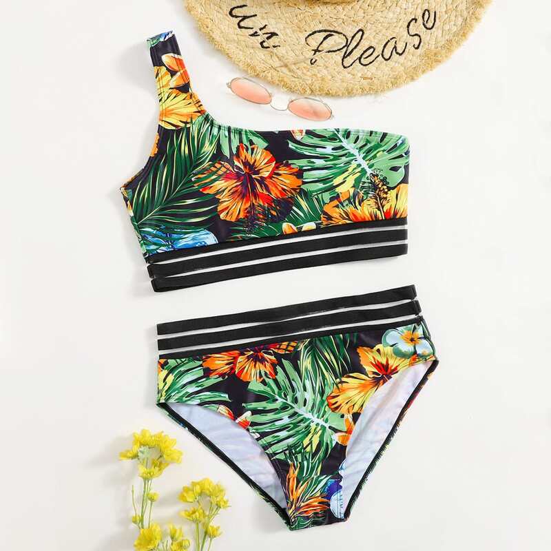 

Tropical Leaf One Shoulder Bikini Swimsuit, Black