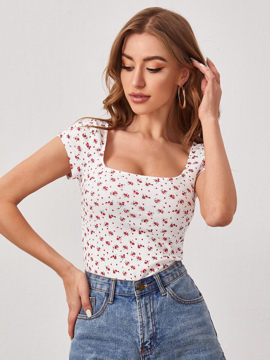 SHEIN Square Neck Rib-knit Ditsy Floral Top - White - View 1