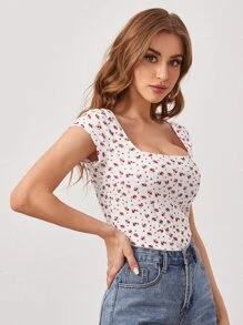 SHEIN Square Neck Rib-knit Ditsy Floral Top - White - View 4